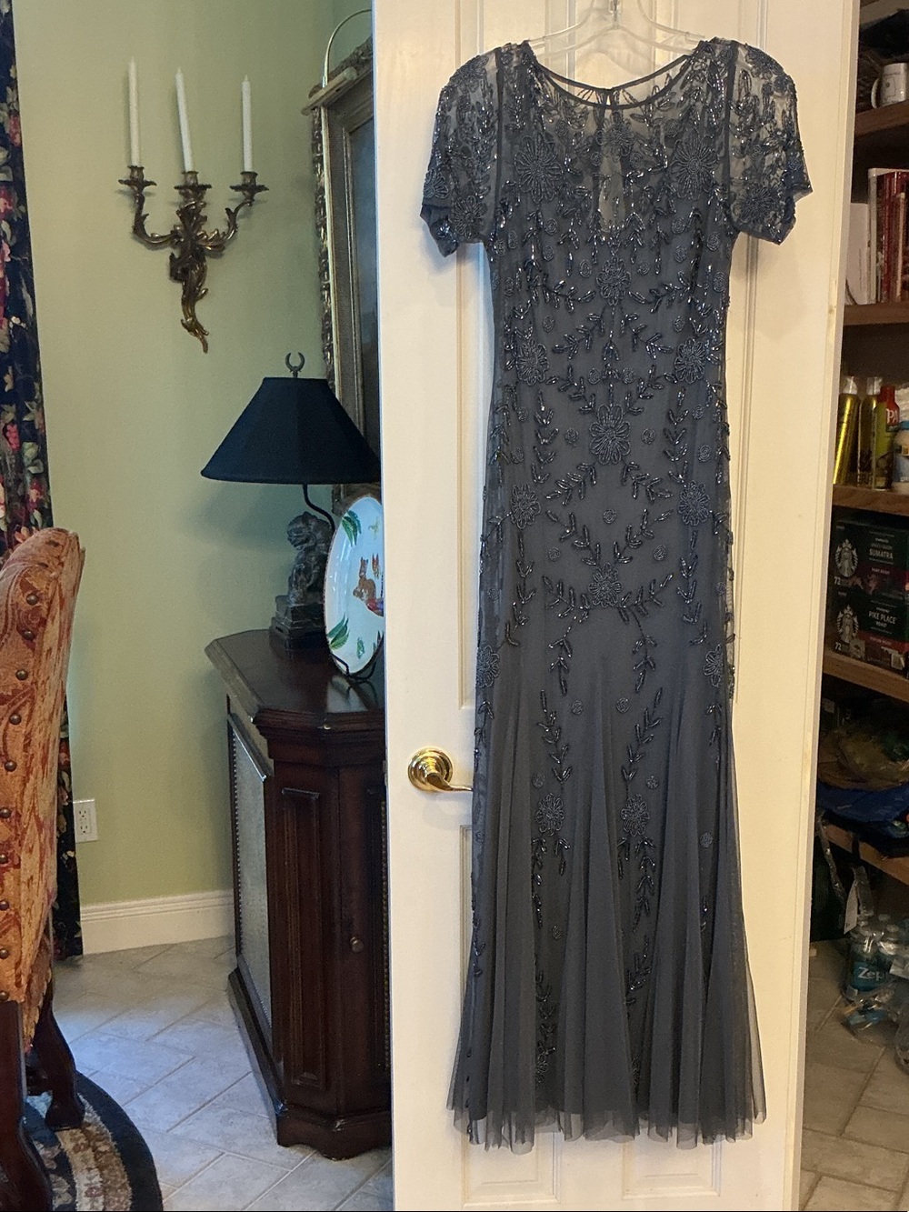 Adrianna Papell Beaded Slate Gray Evening Gown
